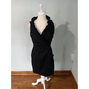 Trulli Black Ruffle Collar Neck Side Zip True Wrap Dress Sz 6 Business Cocktail‎